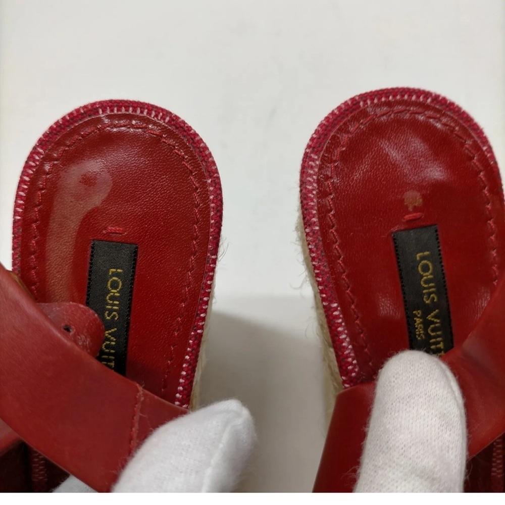 š„LOUIS VUITTON Red Leather, Espadrille & Logo "Dice" Wedge Heels š„ - Picture 6 of 16